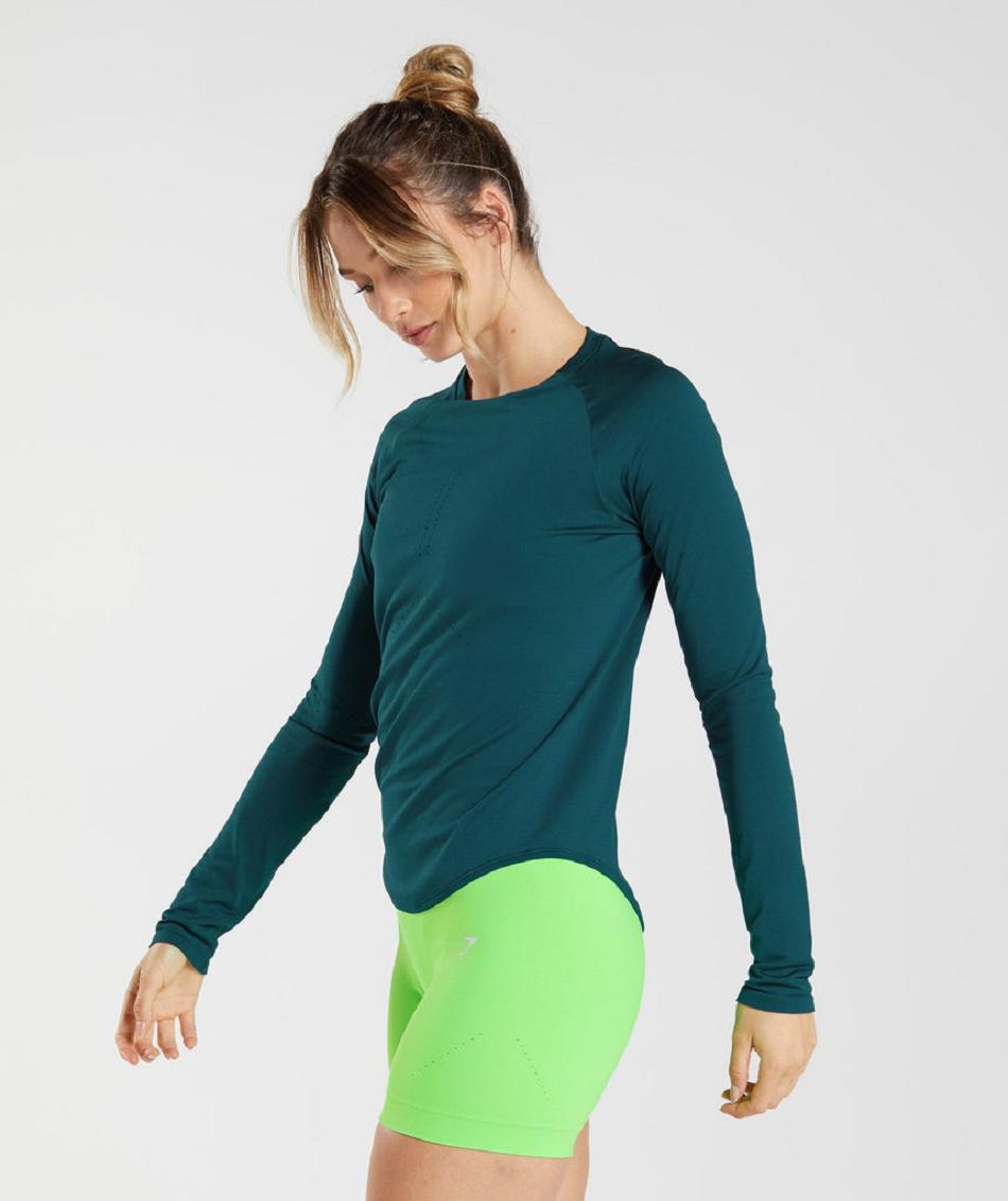 Long Sleeve Damskie Gymshark Sweat Seamless Turkusowe | PL 2777VRW